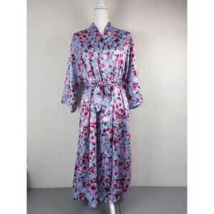 Cabernet women's medium blue floral mid length satin kimono long sleeve robe